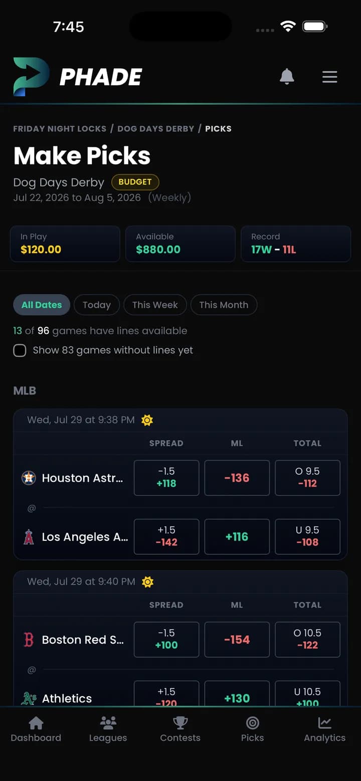 Make Picks screen showing spread, moneyline and total for each game